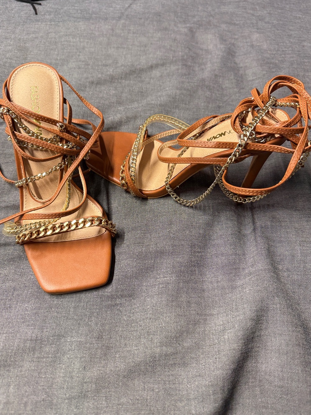 Fashion Nova Tan Lace-Up Heeled Sandals with Gold Chain Straps